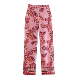 ZARA Floral Satin Trousers S Womens Pants Flat Front Multicolor Slacks